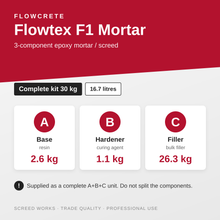 Flowcrete Flowtex F1 Mortar 30kg kit: A base 2.6kg, B hardener 1.1kg, C filler 26.3kg | Screed Works